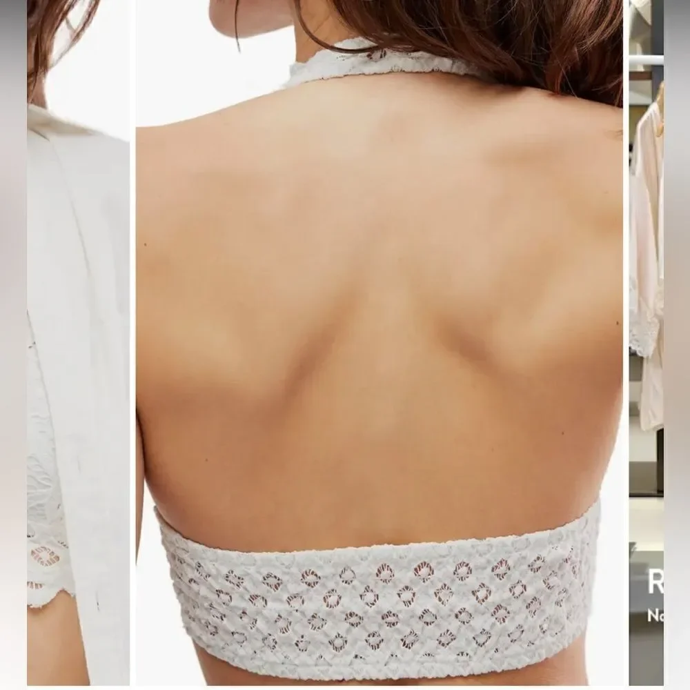 NWT Free People Adella Lace Halter Bralette Lace Scallop Pull- On Backless White